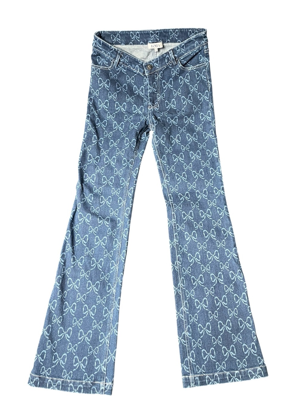 LOBA Bow Laser Print Flare Jeans Indigo Blue Size S High Rise Y2K Coquette ExcCo